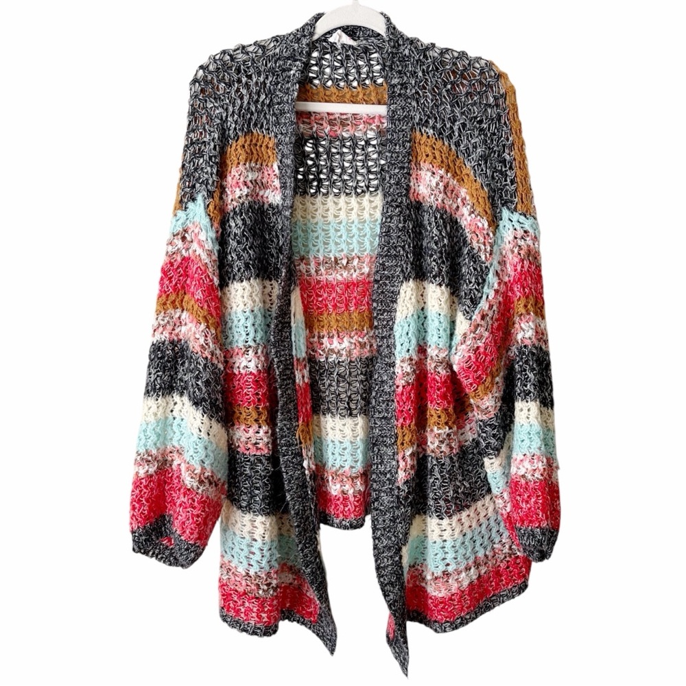 BiBi | Open Knit Cardigan Sweater Colorful Striped Oversized Relaxed Boho Large